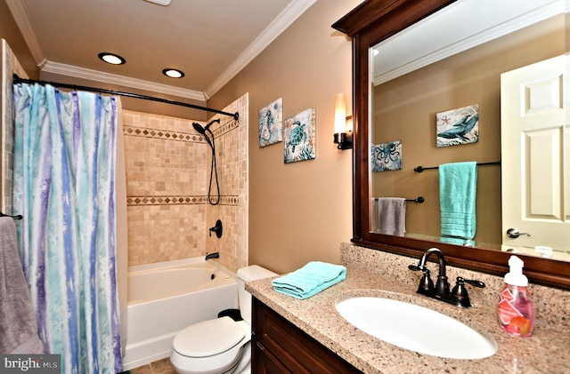 full bathroom featuring crown molding, vanity, toilet, and shower / bath combination with curtain