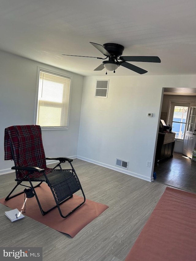 living area featuring ceiling fan and wood-type flooring