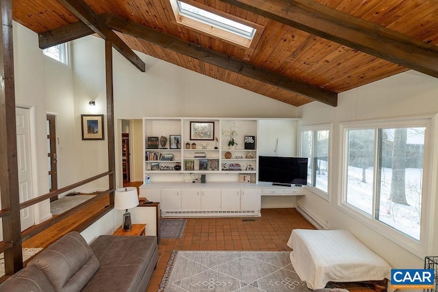 tiled living room with a baseboard radiator, lofted ceiling with skylight, and wooden ceiling