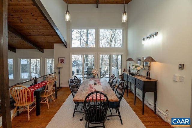 dining area with wood ceiling, a towering ceiling, beam ceiling, and hardwood / wood-style floors