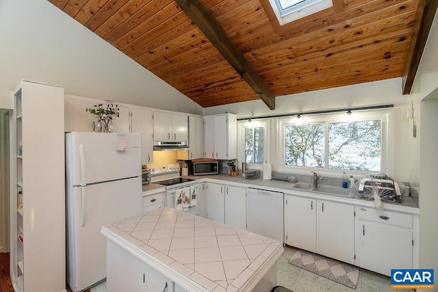 kitchen with tile countertops, white cabinetry, a center island, wood ceiling, and white appliances