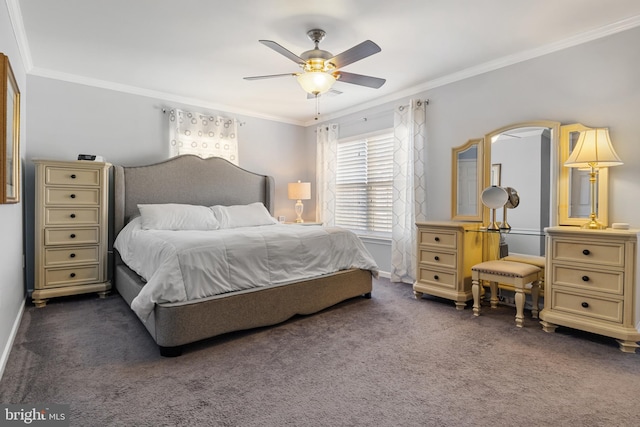 carpeted bedroom with baseboards, ceiling fan, and crown molding