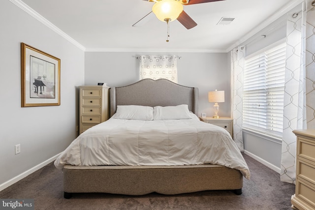 carpeted bedroom featuring ceiling fan, ornamental molding, visible vents, and baseboards