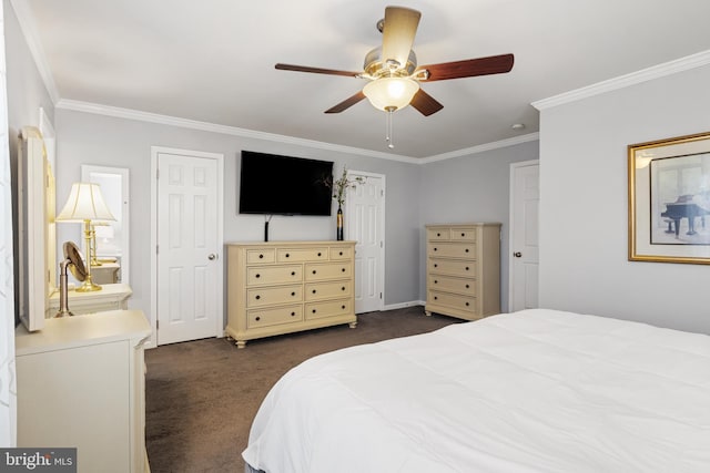 bedroom with ornamental molding, dark carpet, and ceiling fan