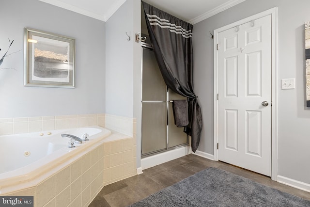 full bath with baseboards, a jetted tub, a stall shower, and crown molding