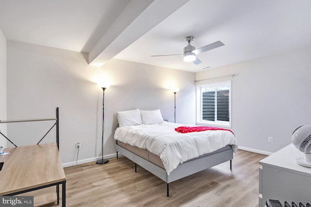 bedroom featuring ceiling fan and light hardwood / wood-style flooring