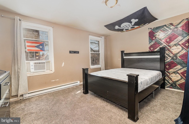 bedroom with cooling unit, light colored carpet, and baseboard heating