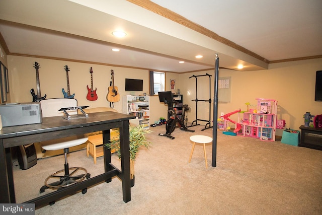 game room with light carpet and crown molding