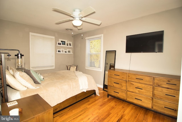 bedroom featuring ceiling fan and light hardwood / wood-style flooring