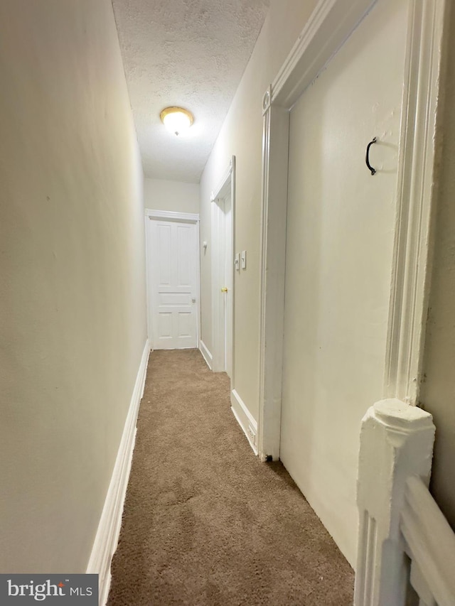 hall featuring carpet flooring and a textured ceiling