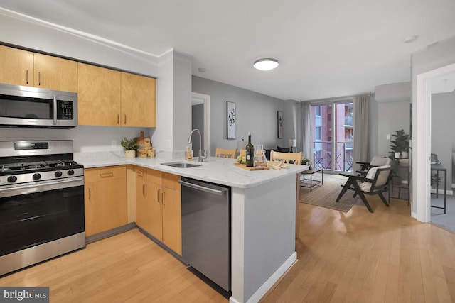 kitchen featuring appliances with stainless steel finishes, sink, light hardwood / wood-style flooring, and kitchen peninsula