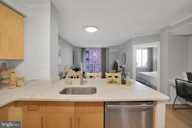 kitchen featuring light stone counters, dishwasher, sink, and kitchen peninsula