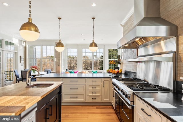 kitchen with hanging light fixtures, sink, exhaust hood, and range with two ovens