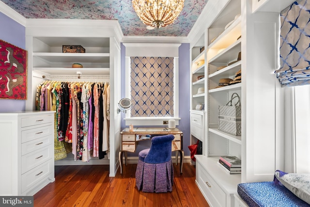 spacious closet featuring an inviting chandelier and dark hardwood / wood-style flooring