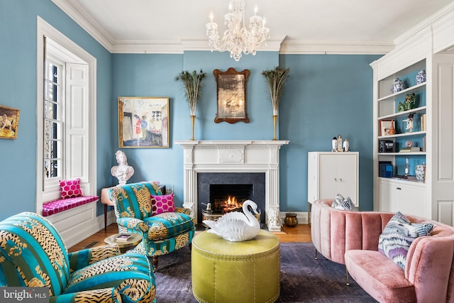 sitting room with an inviting chandelier, ornamental molding, and wood-type flooring