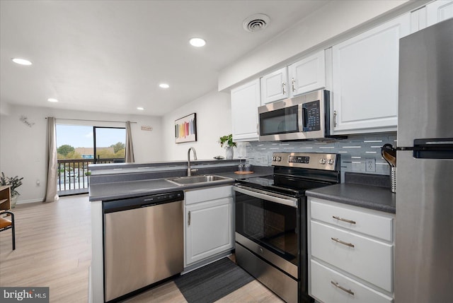 kitchen with appliances with stainless steel finishes, sink, white cabinets, and kitchen peninsula