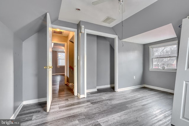 interior space featuring hardwood / wood-style flooring, a closet, lofted ceiling, and multiple windows