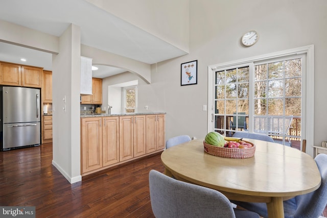 dining space featuring dark hardwood / wood-style flooring and sink