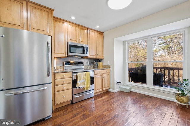 kitchen featuring light stone counters, stainless steel appliances, dark hardwood / wood-style flooring, and light brown cabinets