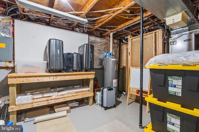 basement with electric panel and electric water heater