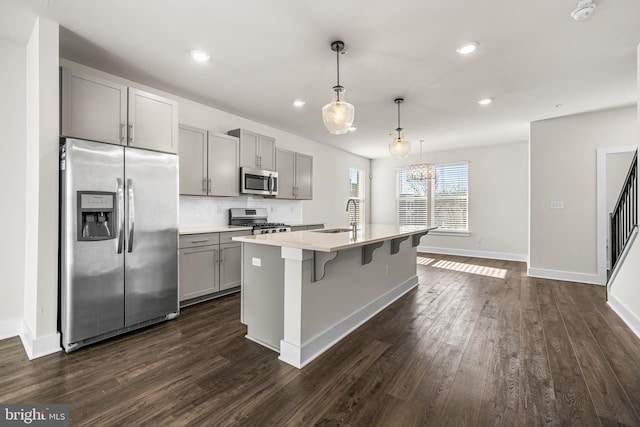 kitchen with gray cabinets, pendant lighting, sink, a kitchen island with sink, and stainless steel appliances