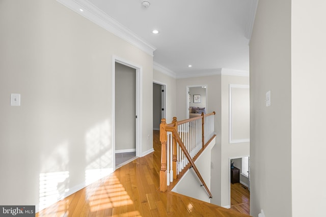 hall with crown molding and light hardwood / wood-style flooring