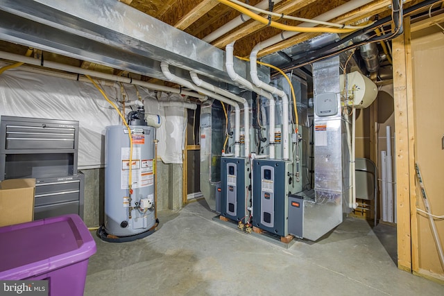 utility room with gas water heater and heating unit