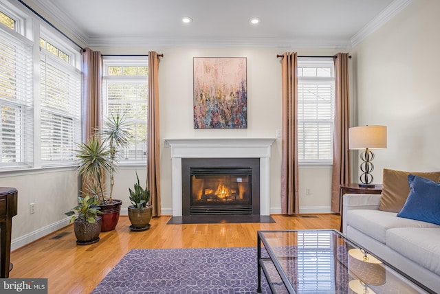 living room with ornamental molding, a healthy amount of sunlight, and hardwood / wood-style floors