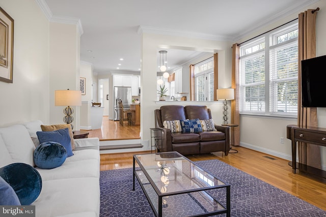 living room featuring crown molding and hardwood / wood-style flooring