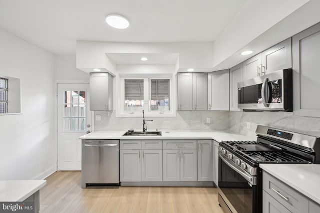 kitchen featuring stainless steel appliances, sink, light hardwood / wood-style floors, and decorative backsplash