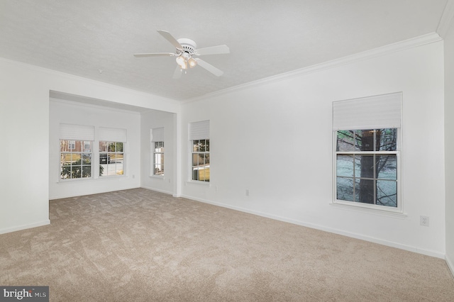 carpeted spare room with crown molding and ceiling fan