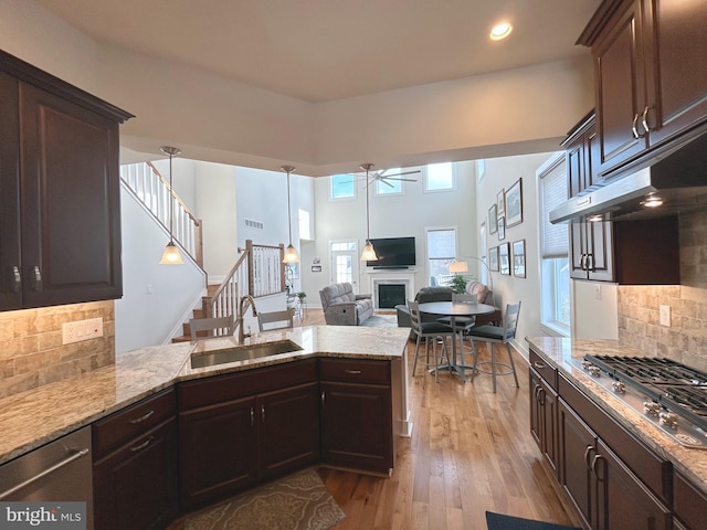 kitchen with sink, decorative light fixtures, dark brown cabinets, appliances with stainless steel finishes, and ceiling fan