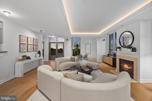 living room with a raised ceiling and light wood-type flooring