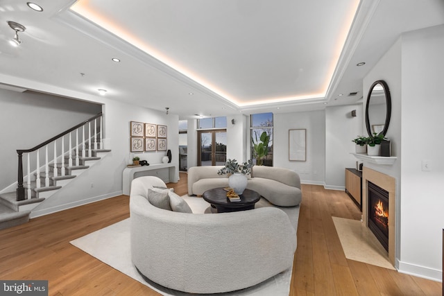 living room featuring a raised ceiling, a fireplace, and light hardwood / wood-style floors