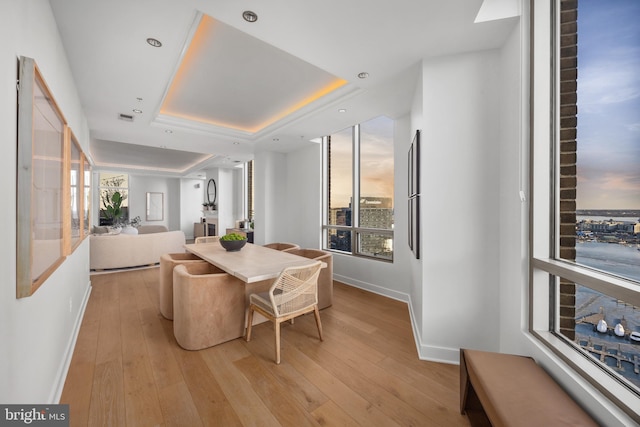 dining space with a tray ceiling and light wood-type flooring