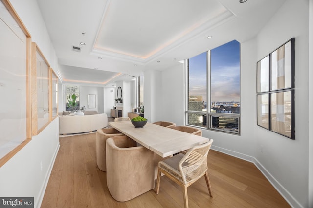 dining space featuring a raised ceiling and light hardwood / wood-style flooring