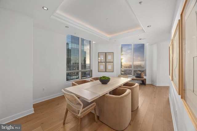 dining room featuring a raised ceiling and light hardwood / wood-style flooring