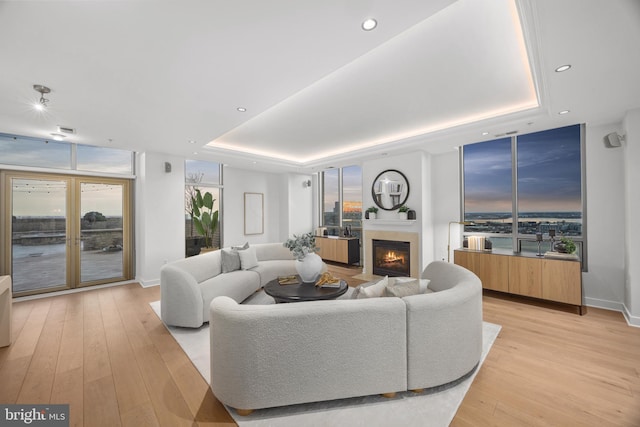 living room featuring a wall of windows, light hardwood / wood-style floors, and a raised ceiling