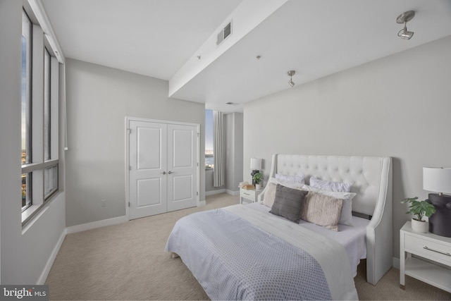 bedroom featuring multiple windows, light colored carpet, and a closet