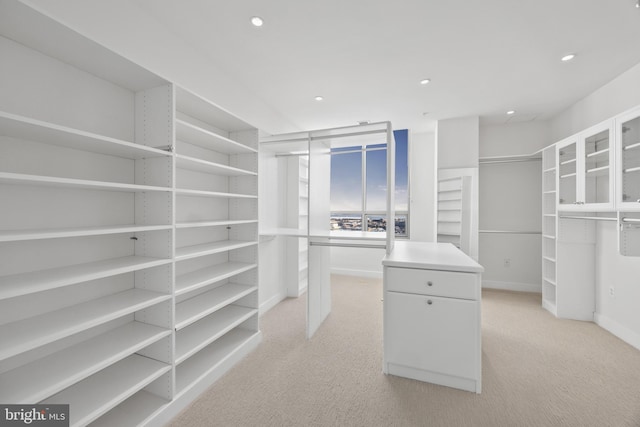 walk in closet with light colored carpet