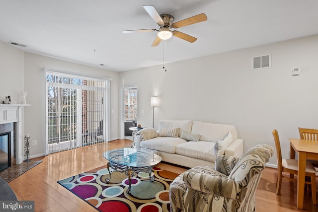 living room featuring a premium fireplace, ceiling fan, and light wood-type flooring