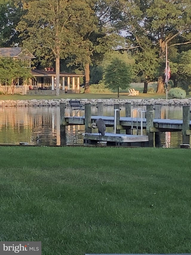 dock area featuring a yard and a water view