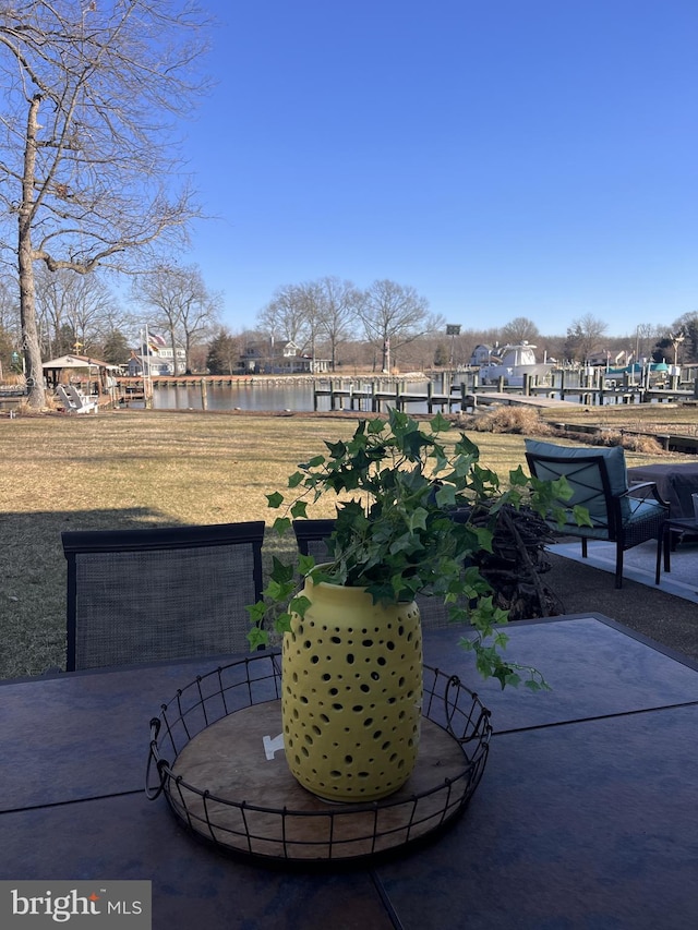 view of patio featuring a water view