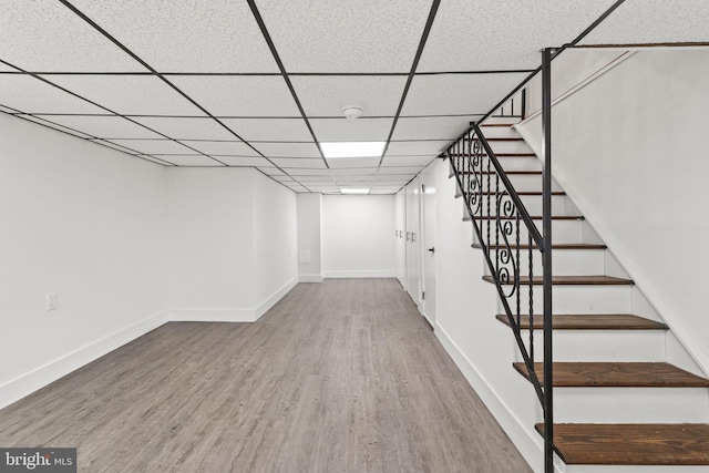 basement with hardwood / wood-style flooring and a drop ceiling