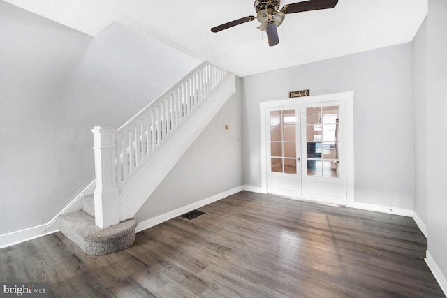 interior space with hardwood / wood-style flooring, french doors, and ceiling fan