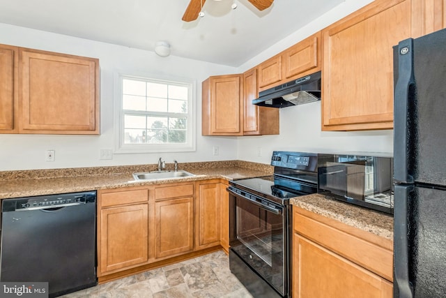 kitchen with sink, ceiling fan, and black appliances