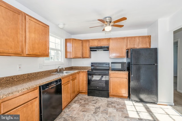 kitchen featuring sink, ceiling fan, and black appliances