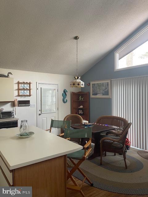 dining space featuring vaulted ceiling and a textured ceiling