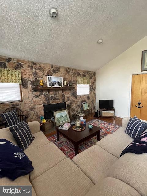 living room featuring hardwood / wood-style floors, vaulted ceiling, and a textured ceiling