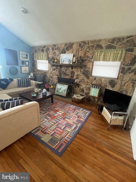 living room with wood-type flooring and vaulted ceiling